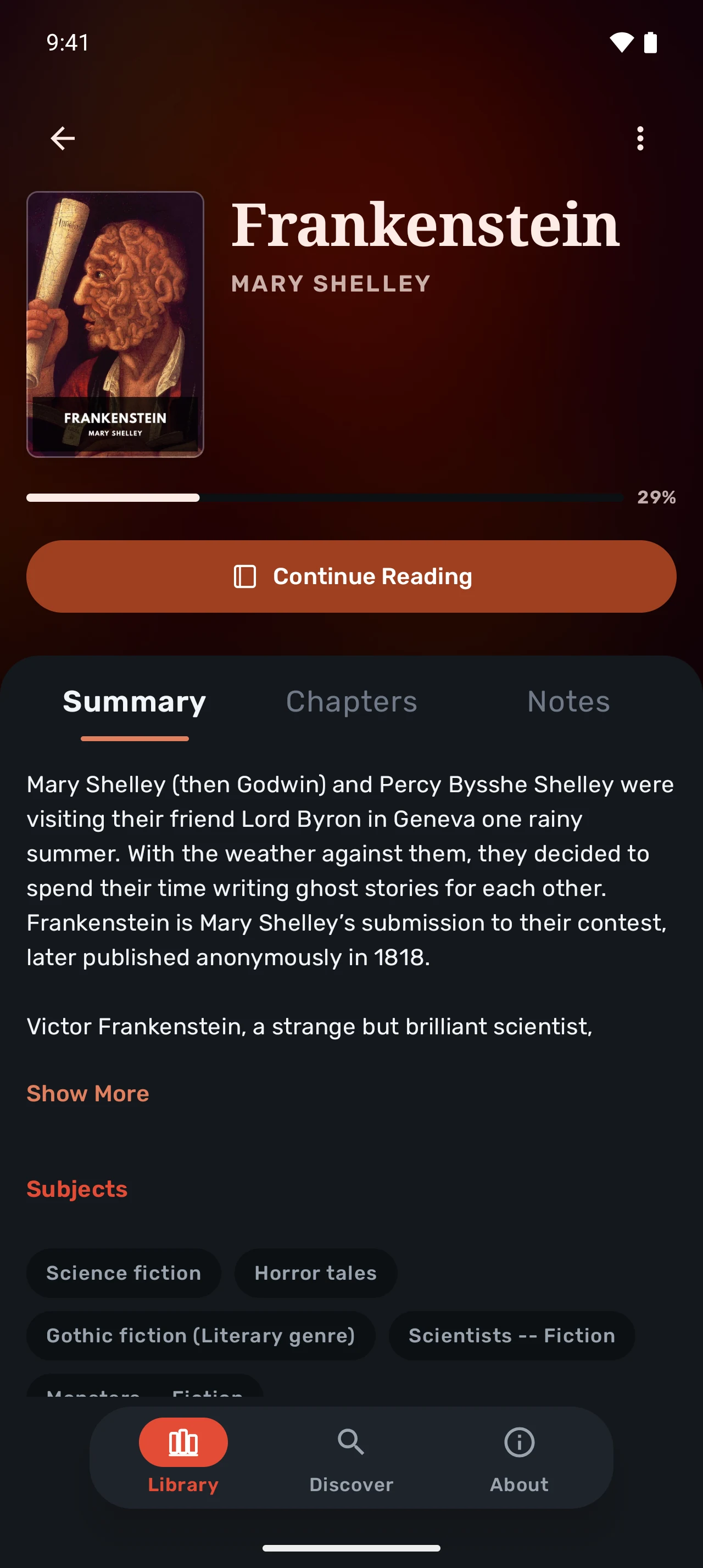 Frankenstein’s book details on Android in dark mode, with a cover-colored header, reading progress, and Summary, Chapters, and Notes tabs