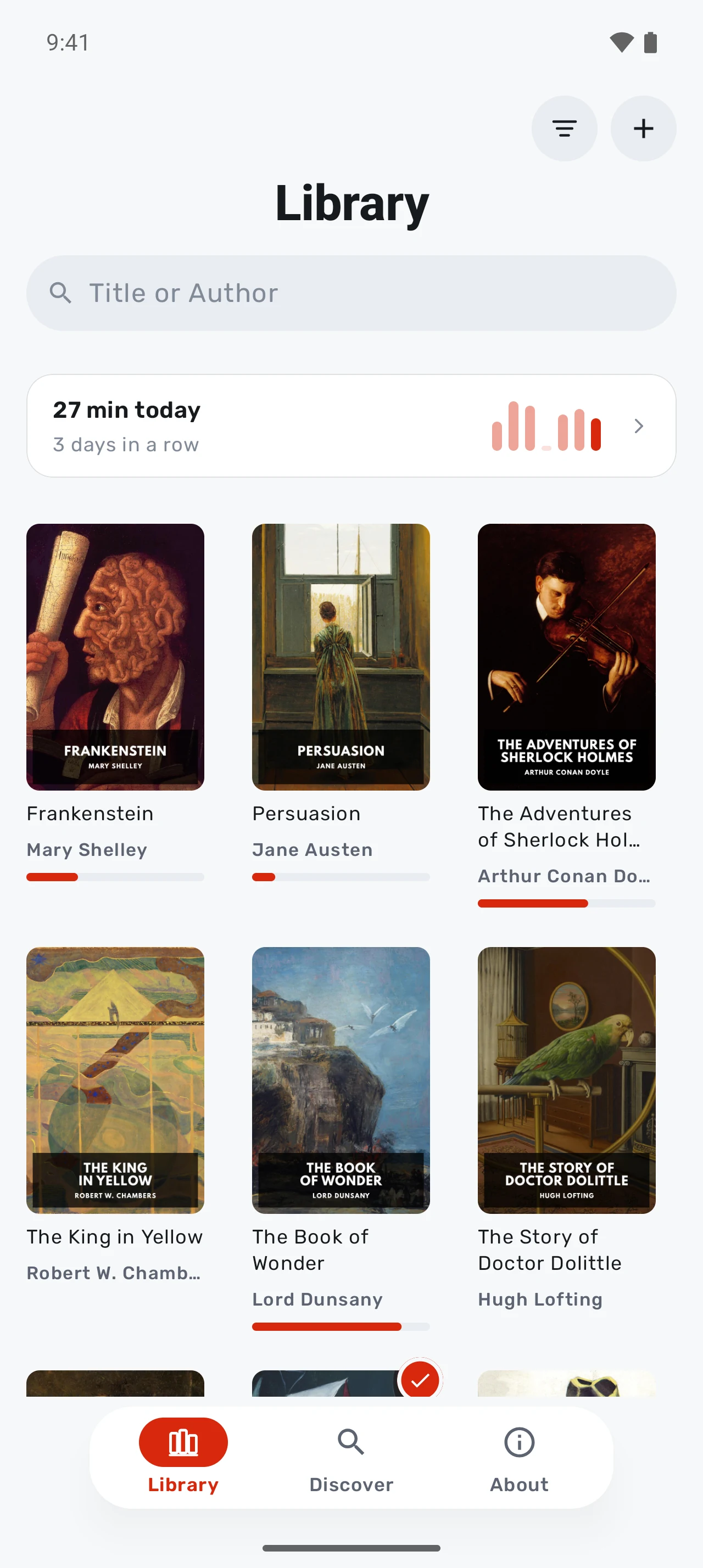 Fireside’s Android library in grid view, filled with book covers, reading progress, a weekly reading summary, search, and navigation