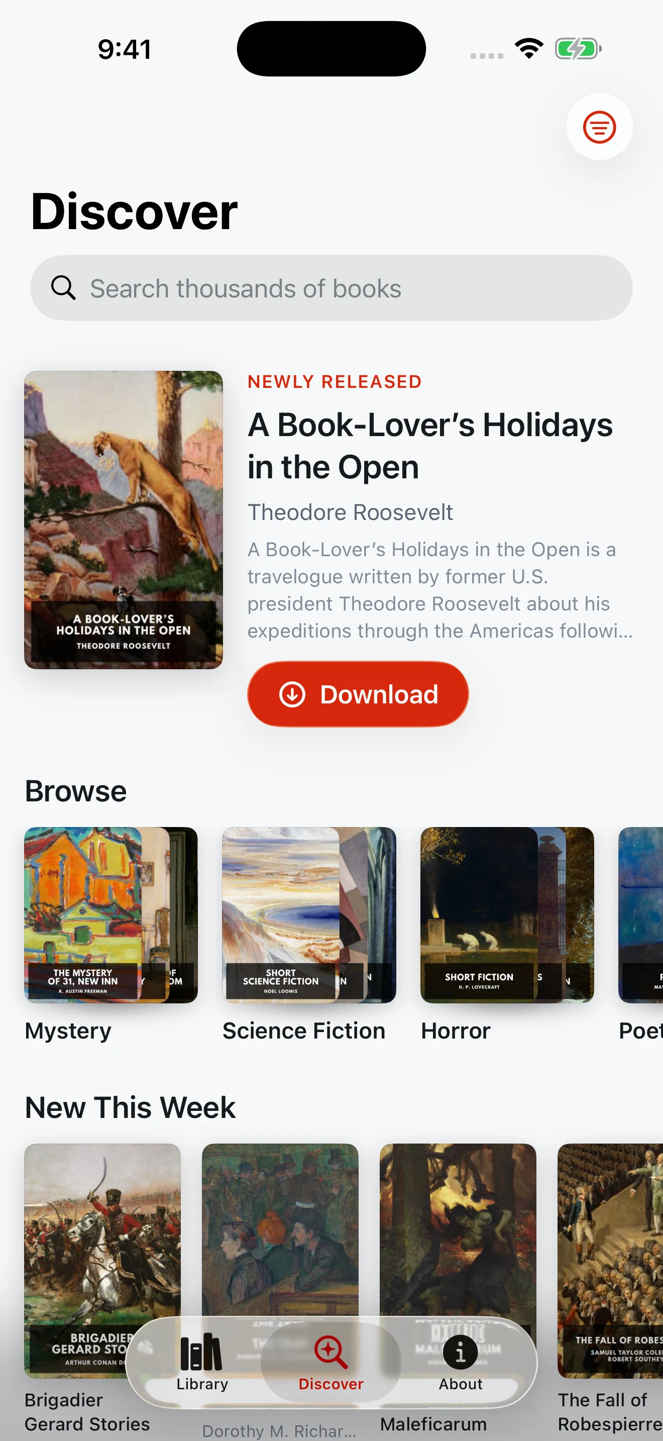 The complete Fireside Discover screen on iOS, with a featured book, illustrated categories, new releases, and bottom navigation
