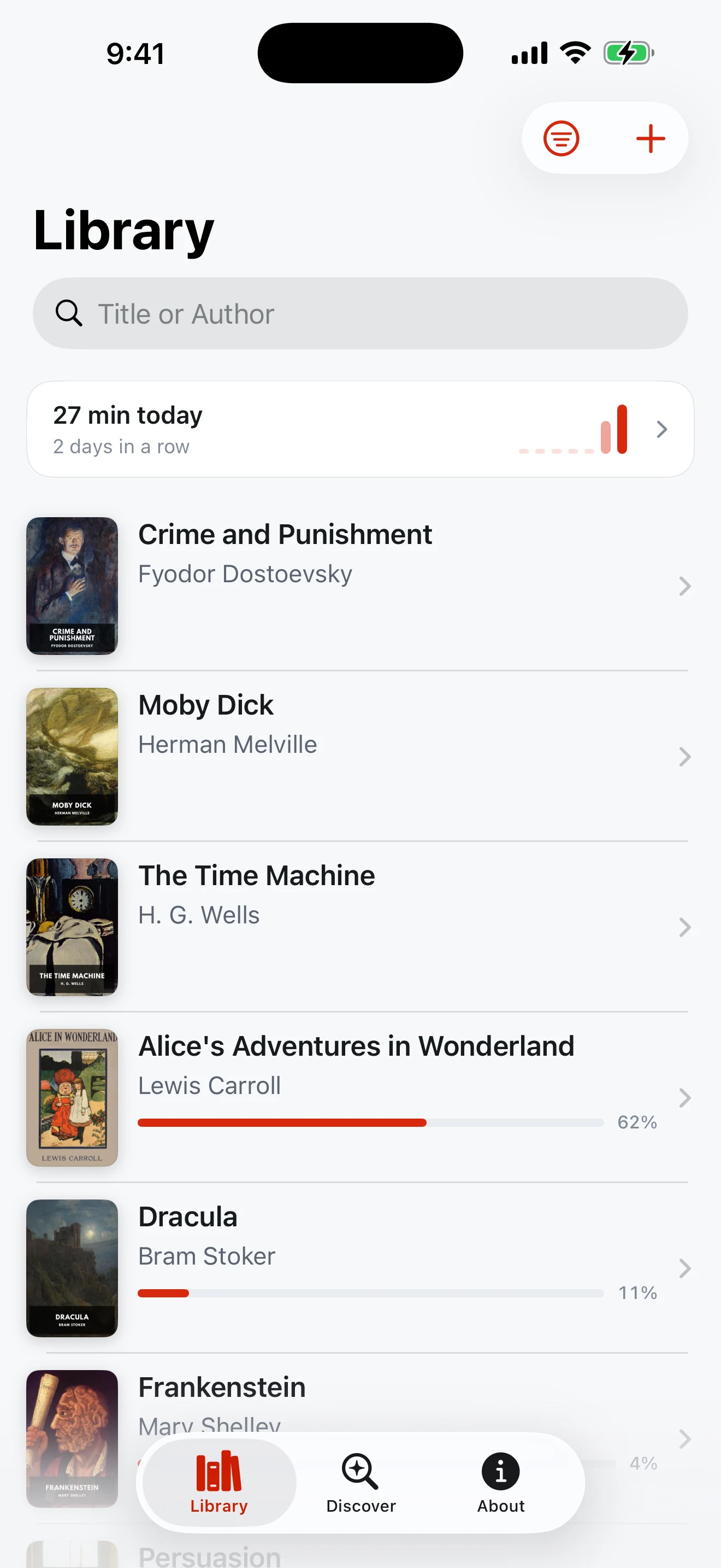 Fireside’s iOS library in list view, with a reading summary, search, and rows for Crime and Punishment, Moby Dick, The Time Machine, Alice’s Adventures in Wonderland, Dracula, and Frankenstein with reading progress