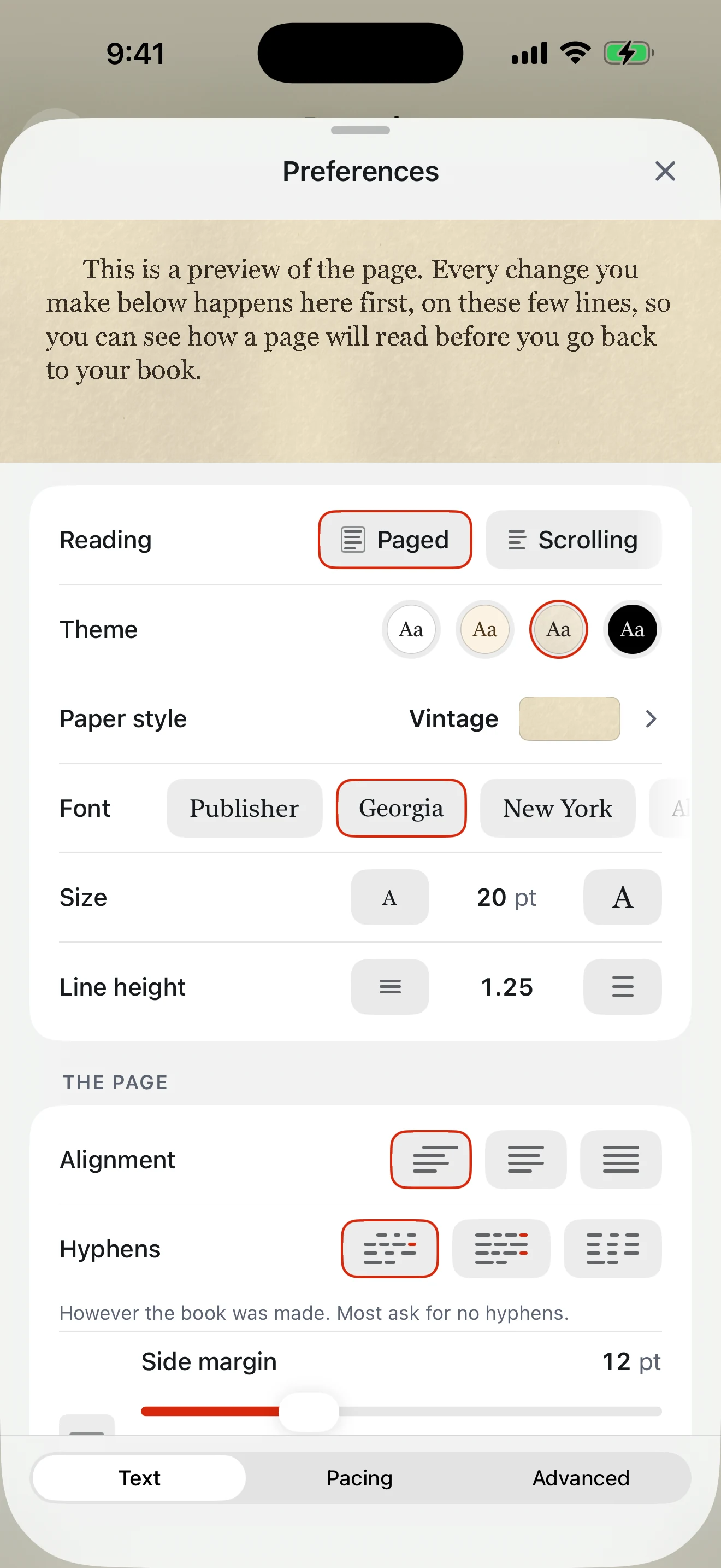 Fireside’s reading preferences on iOS, with a live paper preview above controls for reading mode, theme, paper style, font, size, line height, alignment, hyphens, and margins