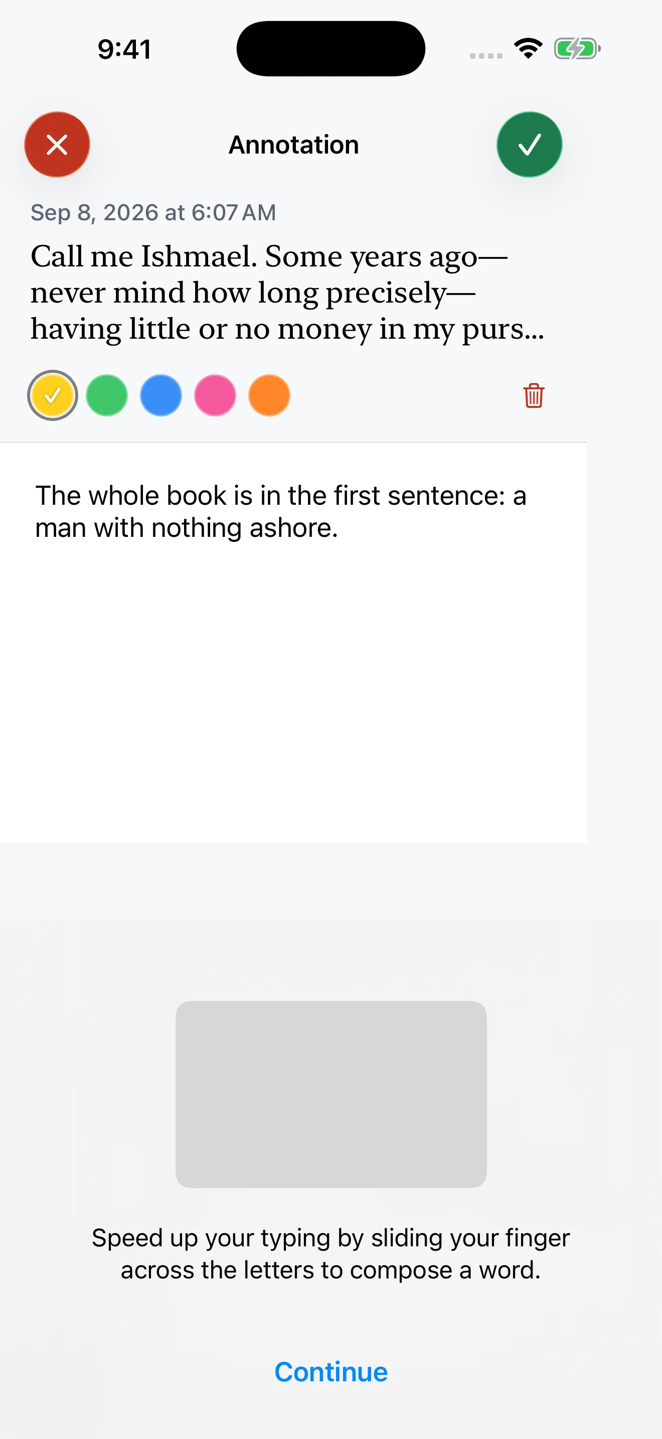 Fireside’s annotation editor with a book passage, highlight colors, and a written note