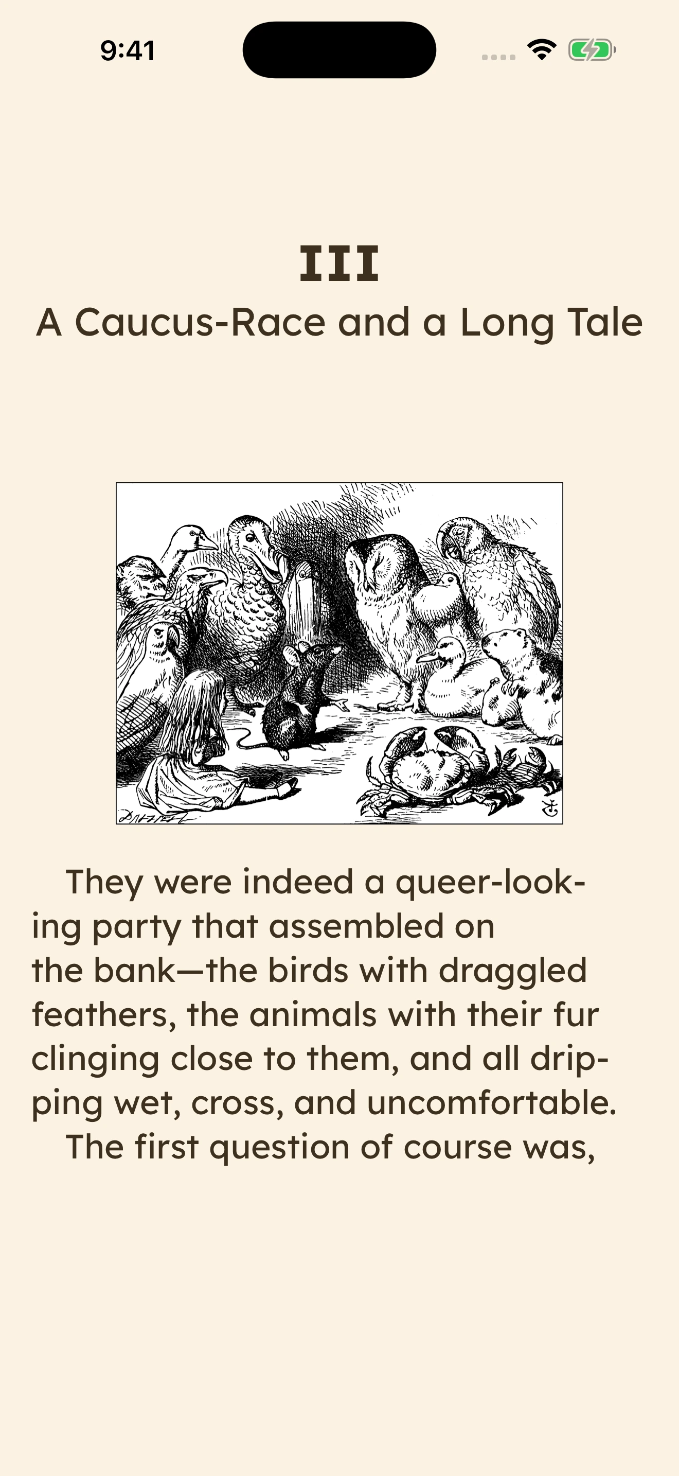 Alice’s Adventures in Wonderland, chapter III, in Lexend, 22 pt · Sepia